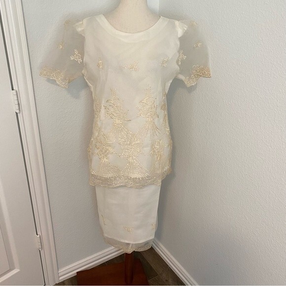 Formal Bridal 2 Piece Ivory Embroidered Sheer Vintage Top Midi Skirt Unique SZ L - Picture 2 of 11